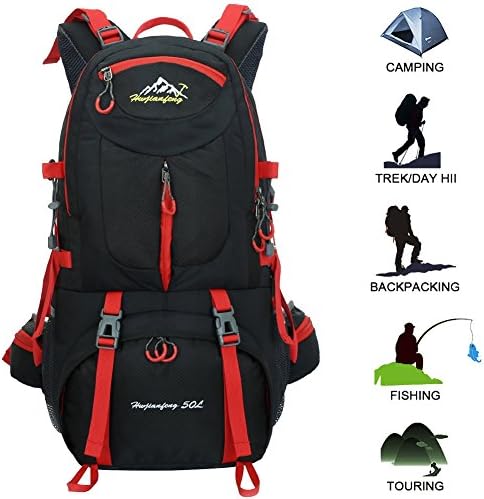 50L Hiking Backpack Outdoor Sports Daypack Multi-Functional Waterproof Rock Climbing Mountaineering Fishing Travel Cycling Camping Rucksack Unisex (Black)
