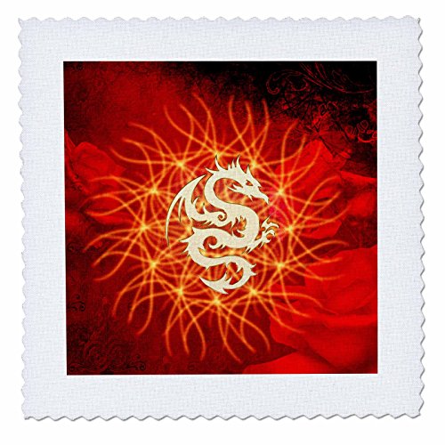 3dRose Golden Chinese Dragon On Red Background Quilt Square, 14 x 14