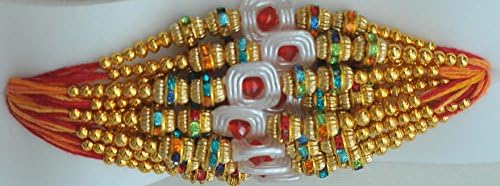 Fancy rakhi with colourful threads, beads and stones design ED10547 (Orange Yellow)