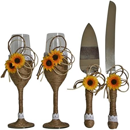 Sunflower Wedding | Burlap Wedding | Champagne Toasting Glasses | Cake Serving &amp; Knife Set | Rustic Wedding | Engraved Cake Server
