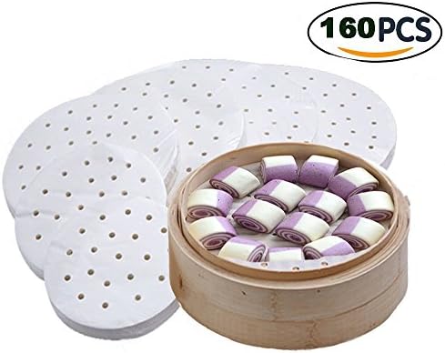 KaiMing Premium Perforated Parchment Round Bamboo Steamer Paper Liners , Non-stick steamer mat, 9 inch,160pcs, Ideal for Cooking Baking &amp; Air Fryers