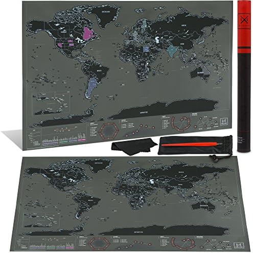 Scribe Sword Scratch Off Map Of The World - With Scratching Tool Wiping Cloth And Travel Pouch - United States Outlined - Perfect Gift For Travelers - Premium Black Poster Perfect for Wall Display
