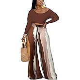 2 Piece Outfits for Women Sexy Backless Long Sleeve Crop Top High Waist Wide Leg Long Pant Sets Tracksuit Printed Set