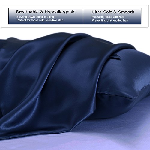 100% Pure Mulberry Slip Silk Pillowcase Standard Size 21 Momme 600 Thread Count for Hair and Skin With Hidden Zipper, Hypoallergenic Soft Breathable Both Sides Silk Pillow Case, 20×26inches, Navy Blue