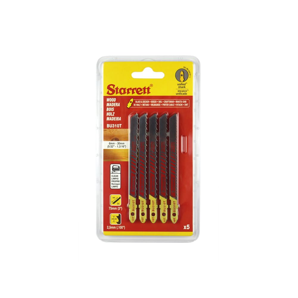 Starrett Wood Cutting Jigsaw Blades - 5 Pack BU310T Unified Shank Bi-Metal Saw Tapered Blade Clean Cuts - Compatible With Bosch Dewalt Hitachi Festool Milwaukee