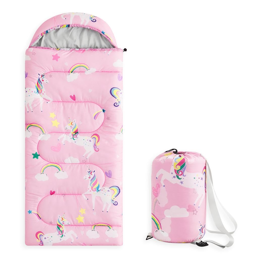 Photo 1 of Wake In Cloud - Kids Sleeping Bag for Girls Toddlers, Camping in Warm Cold Weather, Backpacking Lightweight Compact Outdoor Liner for 3 Seasons Summer Spring Fall, Unicorn Rainbow Pink