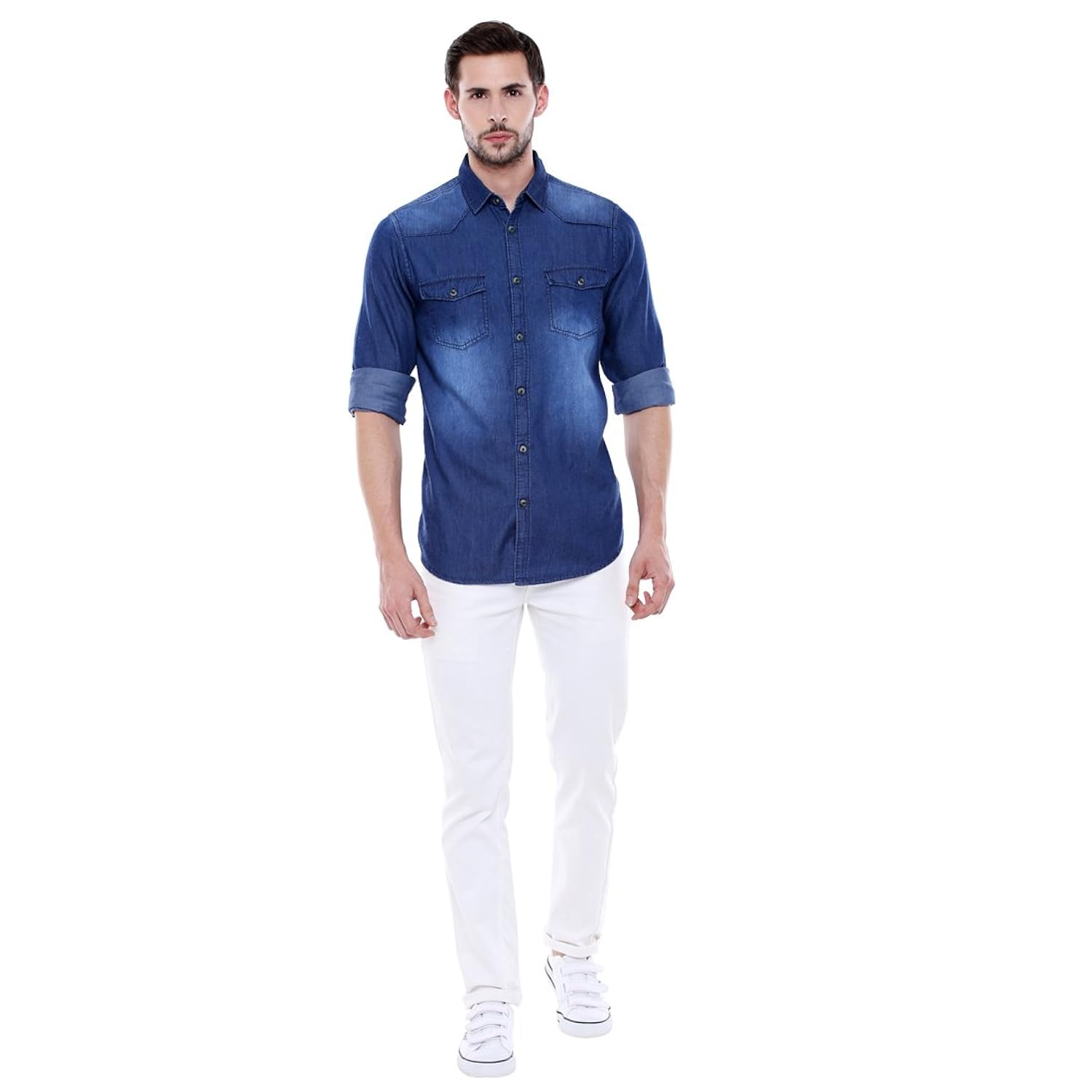 dennis lingo men's denim dark blue solid casual shirt