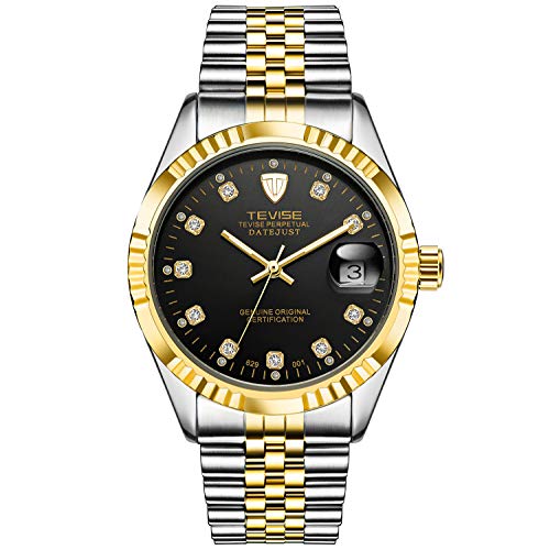 Luxury Mens Watches Automatic Mechanical, Luminous, Date, Tourbillon Causal Waterproof Two Tone Stainless Steel Wristwatch Black Dial