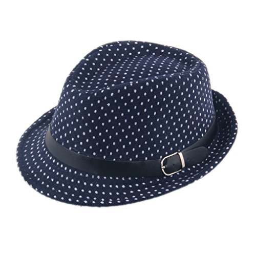 Elee Children Kids Worsted Flat Top Jazz Hat Trilby Fedora Hats Cap With Belt (Blue Dots)