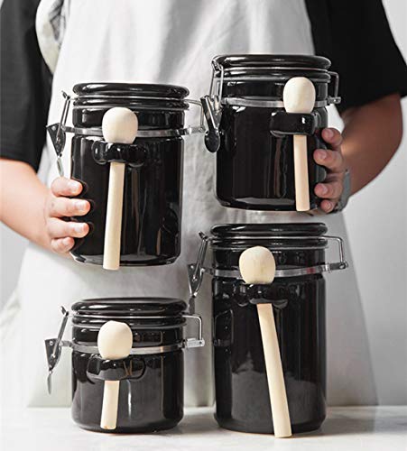 Porcelain Coffee Container Storage Canister with Valve Blocks and Scoop Travel Jar for Coffee Beans Ground Dry Goods Storage (Black, 30oz)