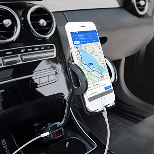 Car Phone Mount, Amoner 4 in 1 Phone Holder for Car, Cigarette Lighter Phone Car Mount with Long Gooseneck and Dual Port USB Charger Compatible 11 Pro 11 Xs Max Xs 8, Galaxy S9 S8, Mate20 P30 and More