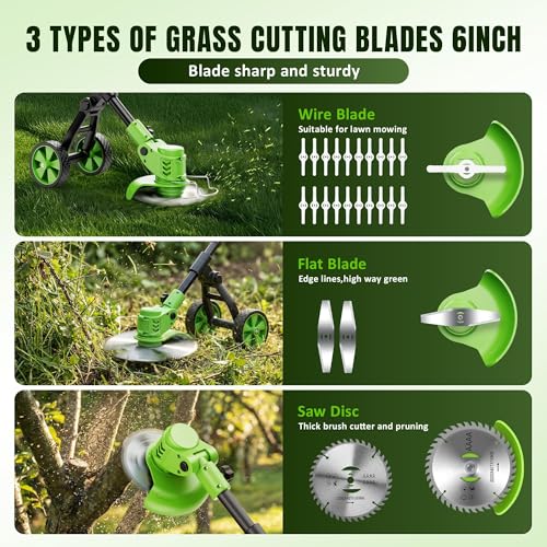 Cordless Weed Wacker with Wheels 4-in-1, 4000mAh Battery Powered Stringless Weed Eater, Brushless Grass Trimmer with 2 Batteries, 3 Blade, Adjustable Head, Lightweight Lawn Edger Brush Cutter