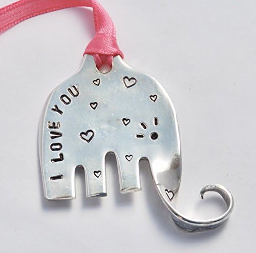 Elephant Christmas Ornament 2023 LARGE size, I LOVE YOU with HEARTS and EYELASHES, Pink Ribbon. Recycled Large Fork