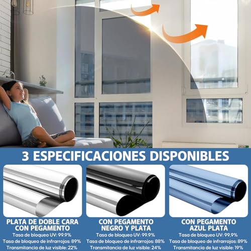 Película de Ventana,Vinil para Ventana Bloquea Calor Anti-UV Protector, Película Aluminio Vidrio Adhesiva Privacidad Espejo Unidireccional para Sala Cocina Oficina Hogar (Negro y Plata, 90X500 CM)