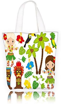 chaoranhome Women's Cotton Print Canvas Tote Vector Hawaiian cute little girl in grass skirt, with hibiscus in hair and flower garland dancing hula Shopping Bag(Colourful)