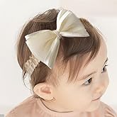 Asphinien Cute Baby Girl Lace Headband Lace Bow Hair Accessories Elastic Bow Head Wrap for Newborn Infant Toddler Christening Baptism Party Hair Accessories for 0-36 Months (Ivory F, Free)
