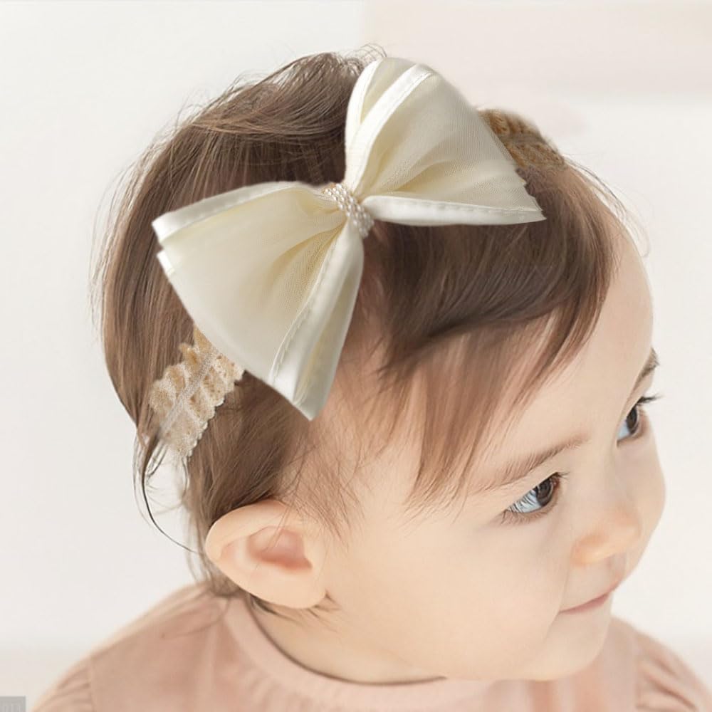 Photo 1 of Asphinien Cute Baby Girl Lace Headband Lace Bow Hair Accessories Elastic Bow Head Wrap for Newborn Infant Toddler Christening Baptism Party Hair Accessories for 0-36 Months (Ivory F, Free)