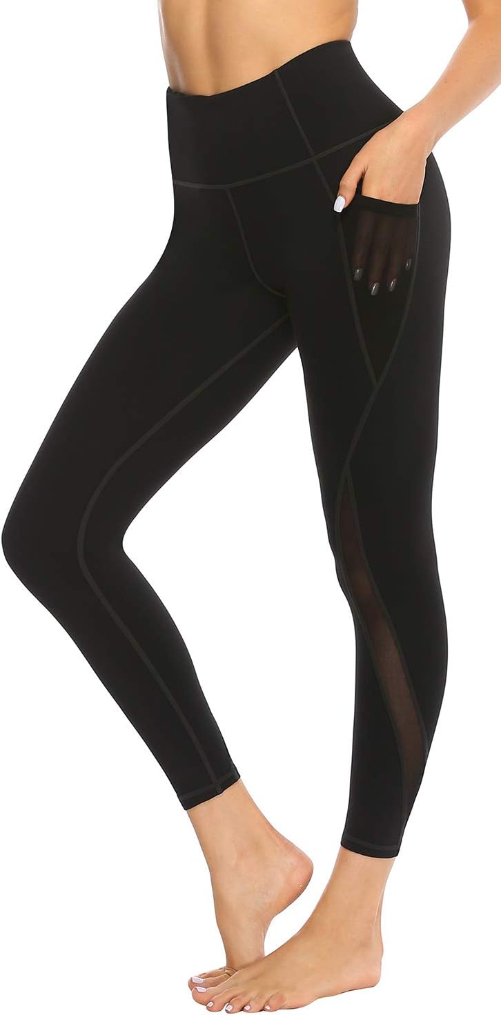 AFITNE Women’s High Waist Mesh Yoga Pants with Pockets, Tummy Control Squat-Proof Workout Yoga Leggings