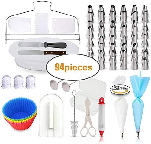 94 pcs Cake Decorating Kit - Baking Tools Professional with 48 Icing Nozzles, Rotating Turntable Stand, Letter Cutters Spatula & Smoother, Pipings Bags, Pastry Cupcake Silicone Molds (94pcs)