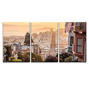 3 Piece Canvas Wall Art - Famous Lombard Street in San Francisco at Sunrise - Modern Home Art Stretched and Framed Ready to Hang - 16"x24"x3 Panels