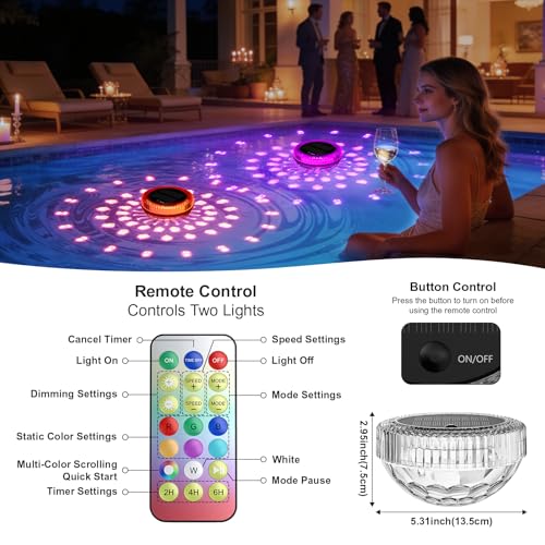BSgifts Floating Solar Pool Lights, Outdoor LED Floating Pool Lighting with Remote, RGB Color Changing, IP68 Waterproof, Light Sensor Auto ON/Off Suitable for Inground, Above Ground Pools, 2 Pack