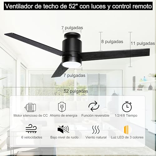 Ohniyou Ventilador de techo de 52 pulgadas con luz y mando a distancia, 6 velocidades, 3 temperaturas de color regulable LED ventilador de techo para uso en interiores al aire libre (Negro)