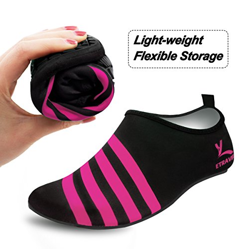 Cevinee Slip-on Water Shoes, Anti-slip Athletic Aqua Socks, for Outdoor Pool Beach Swim Exercise Workout - Pink Stripe L - Thumbnail 4