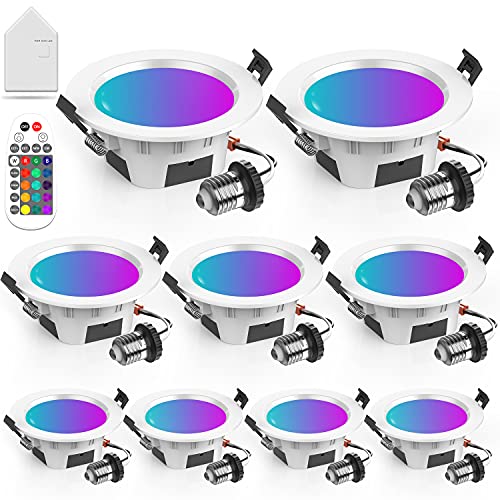 Comoyda LED Smart Downlight with Hub & Remote, 4 inch RGBCW WiFi & Bluetooth Retrofit Recessed Lighting Music Sync Dimmable 9W Ceiling Lights Compatible with Alexa/Google Assistant, 9 Pack