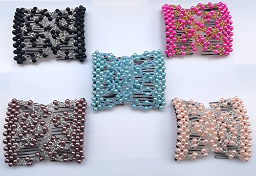 Lovef Crystal Bow Elastic Double Combs with Plastic Flowers Hair Clips, Hair Holder/ Ez Comb 4pcs