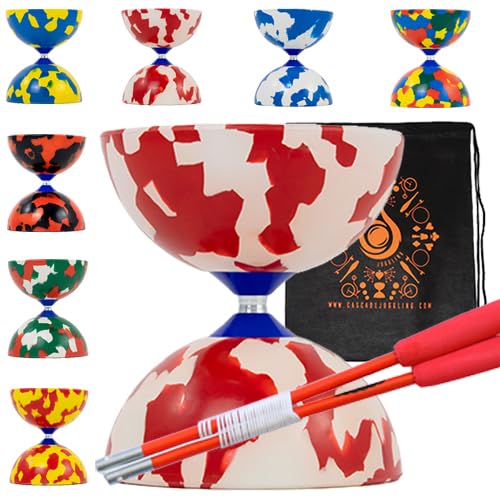 Jester Diabolo Set with Fibre Sticks, Diabolo String - Pro Medium Rubber Diablo Set With Cascade Carry Bag (Red and White)