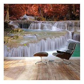 Secluded Waterfall Surrounded by red Autumn Trees - Landscape - Wall Mural, Removable Sticker, Home Decor - 66x96 inches