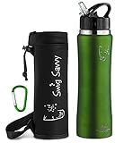 SWIG SAVVY Stainless Steel Insulated Water Bottle with Straw Cap and Pouch Green, 25 oz