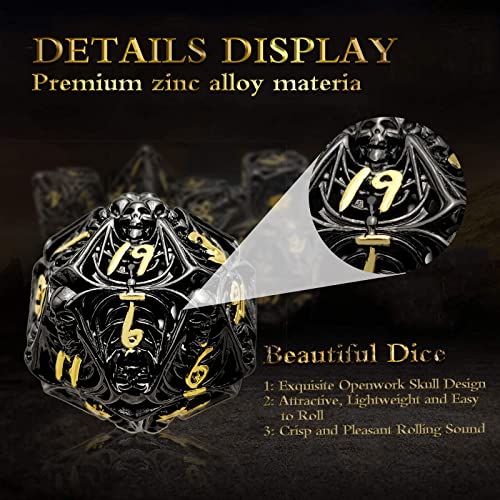 DND Metal Dice Set, Hollow Skull D&D Dice Sets, ZHOORQI 7Pcs Bronze Polyhedral Dices for Tabletop Games Dungeons and Dragons D&D Dice MTG Pathfinder Role Playing Game DND Collection (Black Gold)