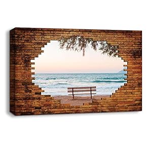 Canvas Wall Art Water Lake View Shot Through Bricks Painting Artwork for Home Prints Framed - 12x18 inches