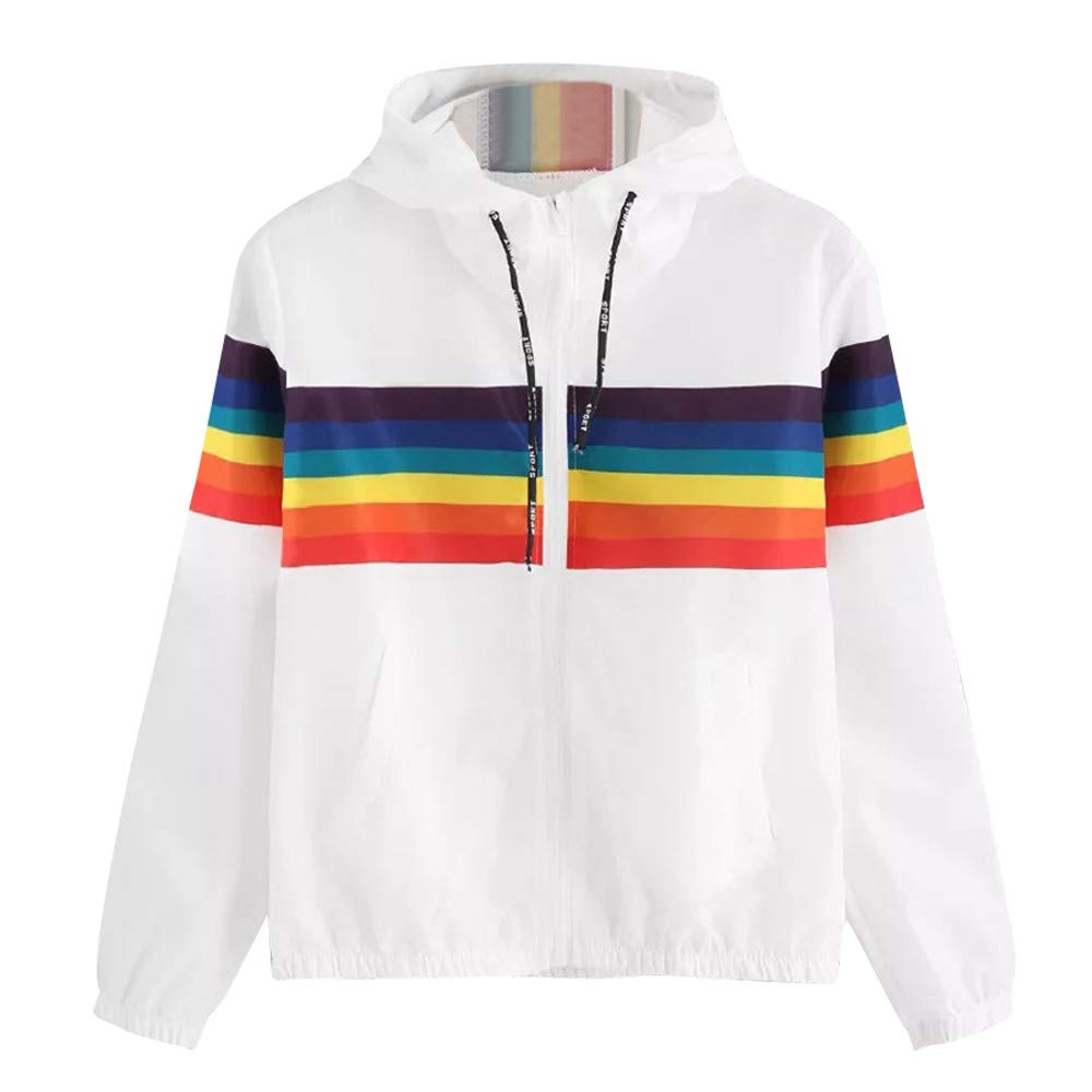 Women's Pure White Round Collar Short Pullover Rainbow Stripe Print Hooded Jacket