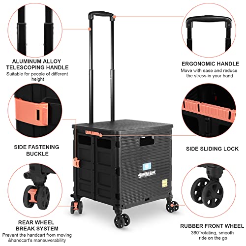 Simniam Foldable Utility Cart, Rollable Slatted Cart with Cover and Telescopic Handle, 4 Swivel