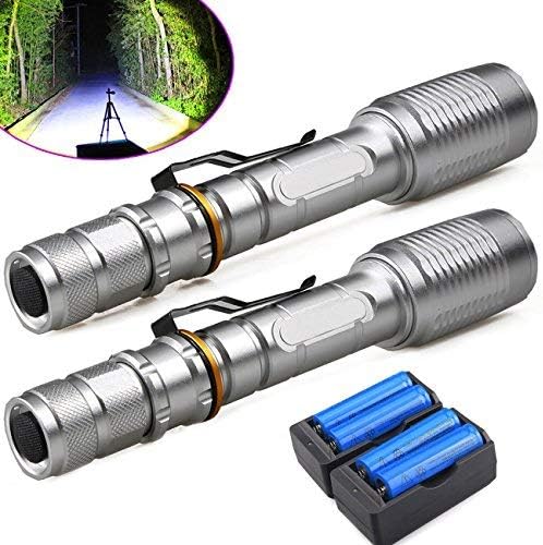 FlashDealer LED Flashlight, 2 Pack 5 Modes High Lumens Zoomable LED Flashlight Torch Tactical Flashlight with 18650 Battery and Charger for Camping, Hiking
