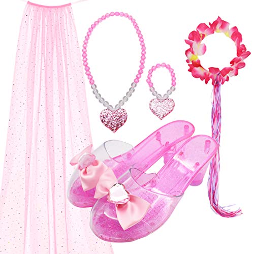 5 Pcs Princess Party Favor Jewelry Fairy Costume Dress Up Role Play Set with Shoes Cape flower crown necklace & bracelet for toddler girls