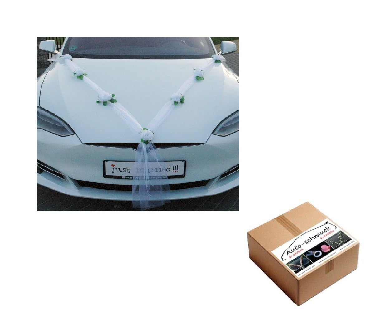 DER KLASSIKER Auto-Schmuck 100% fertige Dekoration Braut Paar Rose Deko Autoschmuck Hochzeit Car Auto Wedding Deko Ratan Girlande (reinweiß/weiß)