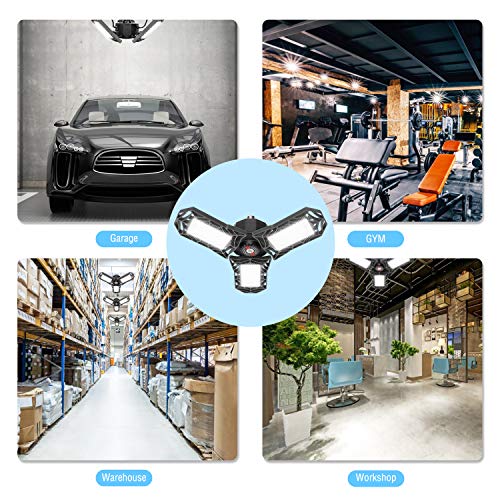 Led Garage Light, Vorida 8000LM E26/E27 Basement Deformable 80W Garage Lights, Led Garage Ceiling Light Fixture with 3 Adjustable Light Panels for Garage, Warehouse and Workshop(NO Motion Activated)