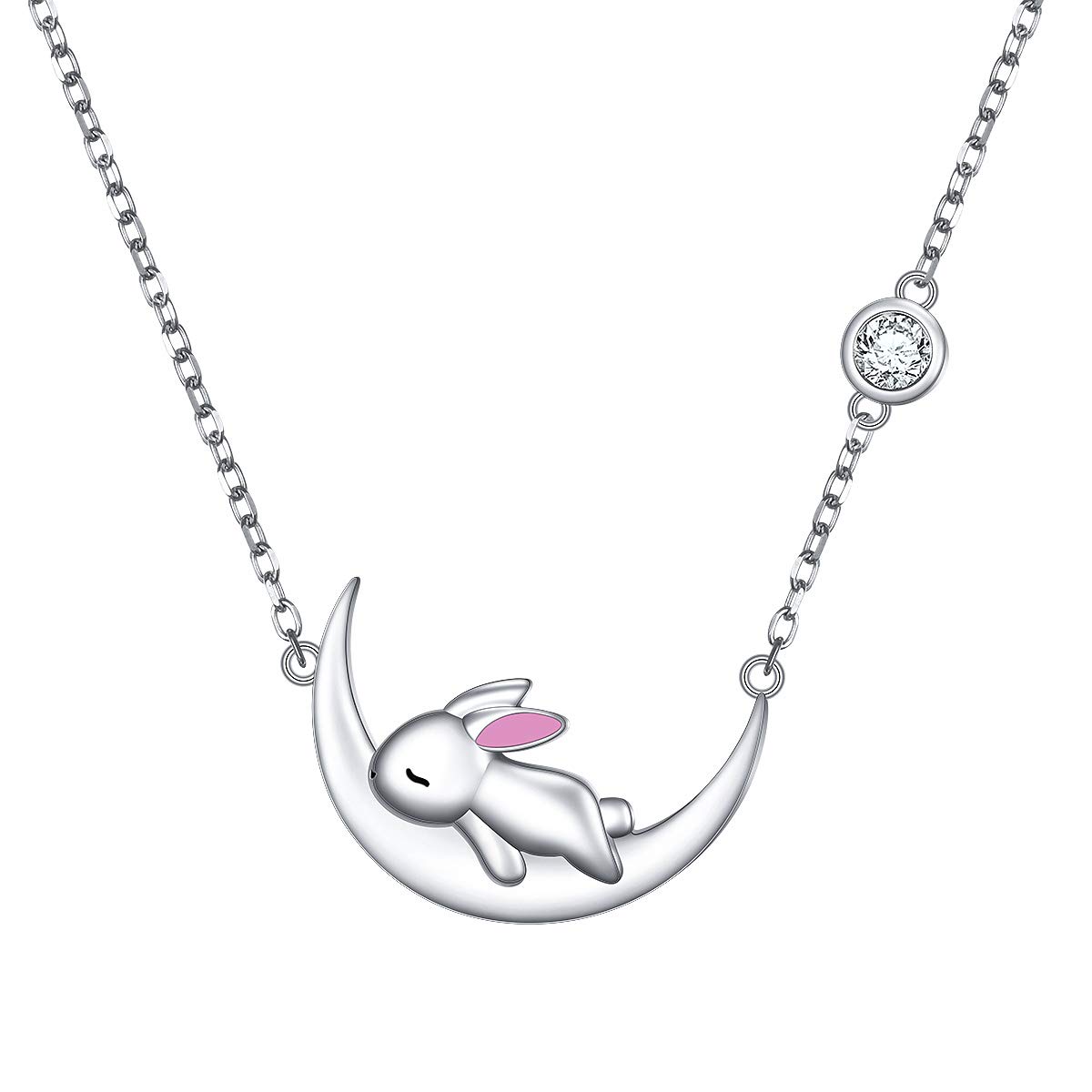 DAOCHONG Easter Gift Cute Bunny Rabbit Necklace 925 Sterling Silver Bunny on Moon Pendant Necklace Animal Birthday Jewelry for Women