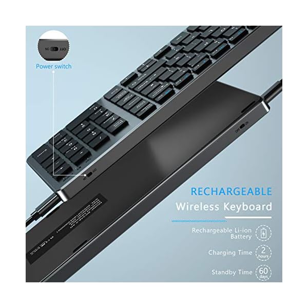 Wireless-Keyboard-24GHz-Ultra-Slim-Rechargeable-Wireless-Keyboard-with-Numeric-Keypad-for-Computer-PC-Laptop-Surface-QWERTY-UK-Layout-Gray Vivefox Wireless Keyboard, 2.4GHz Ultra Slim Rechargeable Wireless Keyboard with Numeric Keypad for Computer, PC, Laptop…