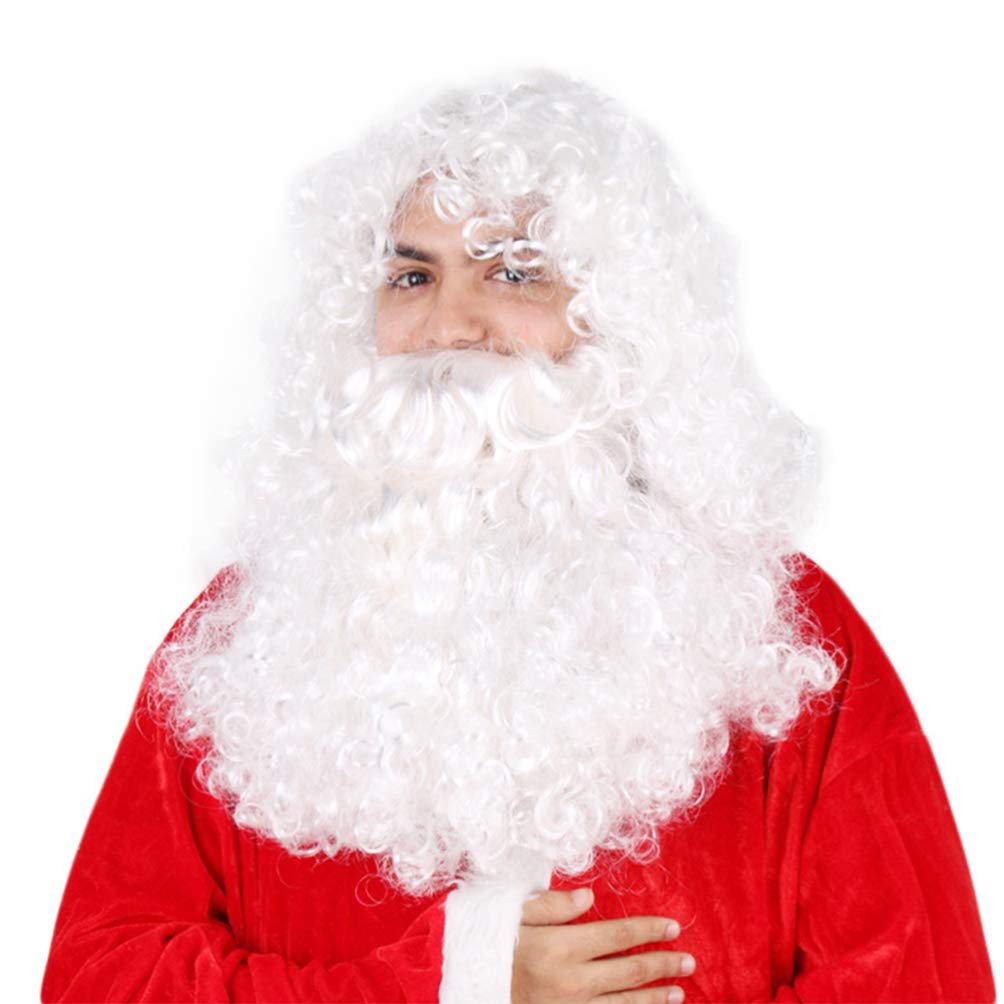 NUOBESTY Santa Claus Cosplay Prop, Santa Wig Beard Prop Vivid Claus Headdress White Long Curly Cosplay for Christmas Party Supplies