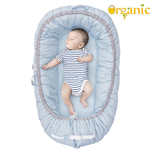 Organic Newborn Lounger | Baby Snuggle Nest | Portable Bed for Infants & Toddlers 0-24 Month | Blue, Pink, Beige Colors for Girls and Boys | Use as Bassinet, Play Pillow, Mobile Crib (Blue)