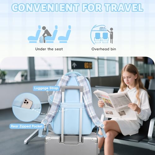 Tanou Girls' Primary School Backpack | Waterproof Daypack for Teens, Kawaii Checked School Bag for Girls 9-16 Years Old for Travel, Blue