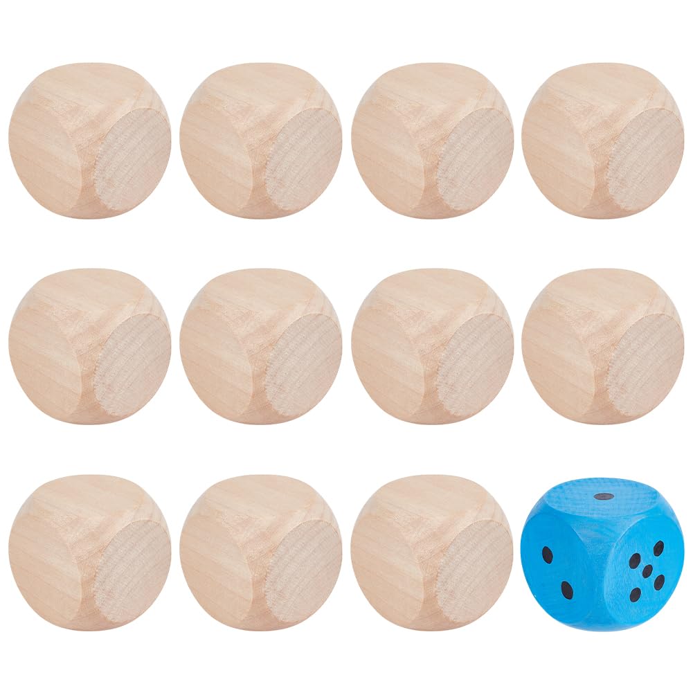 BENECREAT 12Pcs Blank Wooden Dice, 50x50x50mm 6 Sided Wood Cubes with Rounded Corners DIY Graffiti Dice for Painting, Drawing, Gluing, Stacking, Staining