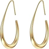 Lightweight Teardrop Hoop Earrings for Women - 14k Gold/White Gold Plated Large Oval Pull Through Hoop Earrings High Polished Statement Jewelry Gift for Women