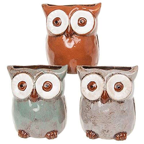 Village Pottery Set of 3 Owl Glazed Planter Plant Pot Flower Pot Small Brown Sage Grey