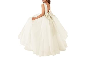 MCieloLuna Flower Girls Satin Tulle Princess Pageant Dress for Wedding Kids Pearls Prom Ball Gowns with Bow-Knot