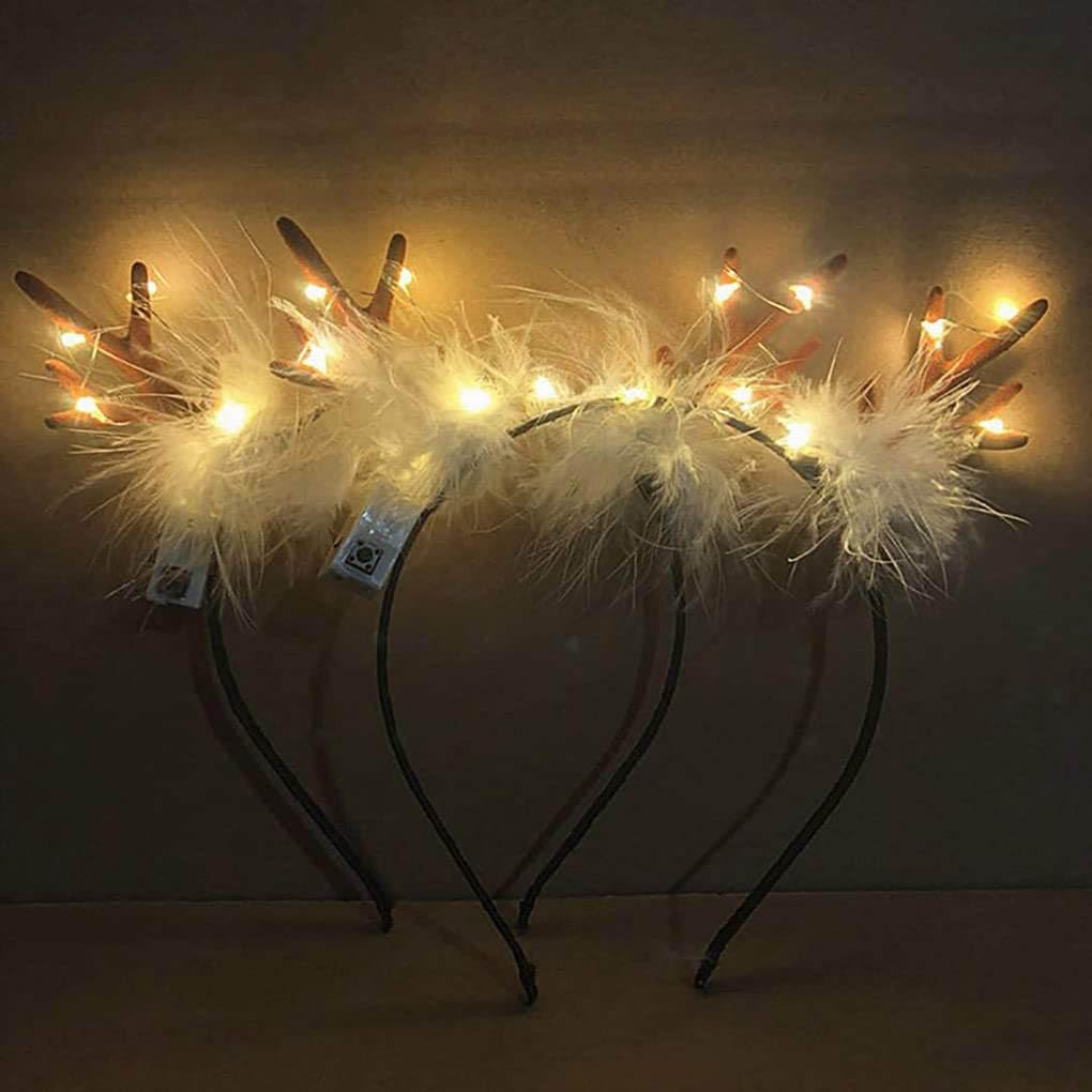 Clataly LED Light up Headband Glowing Reindeer Antlers Hair Accessories Luminous Tiara Christmas Party Hair Hoop Feather Headwear for Women(Warm light C)